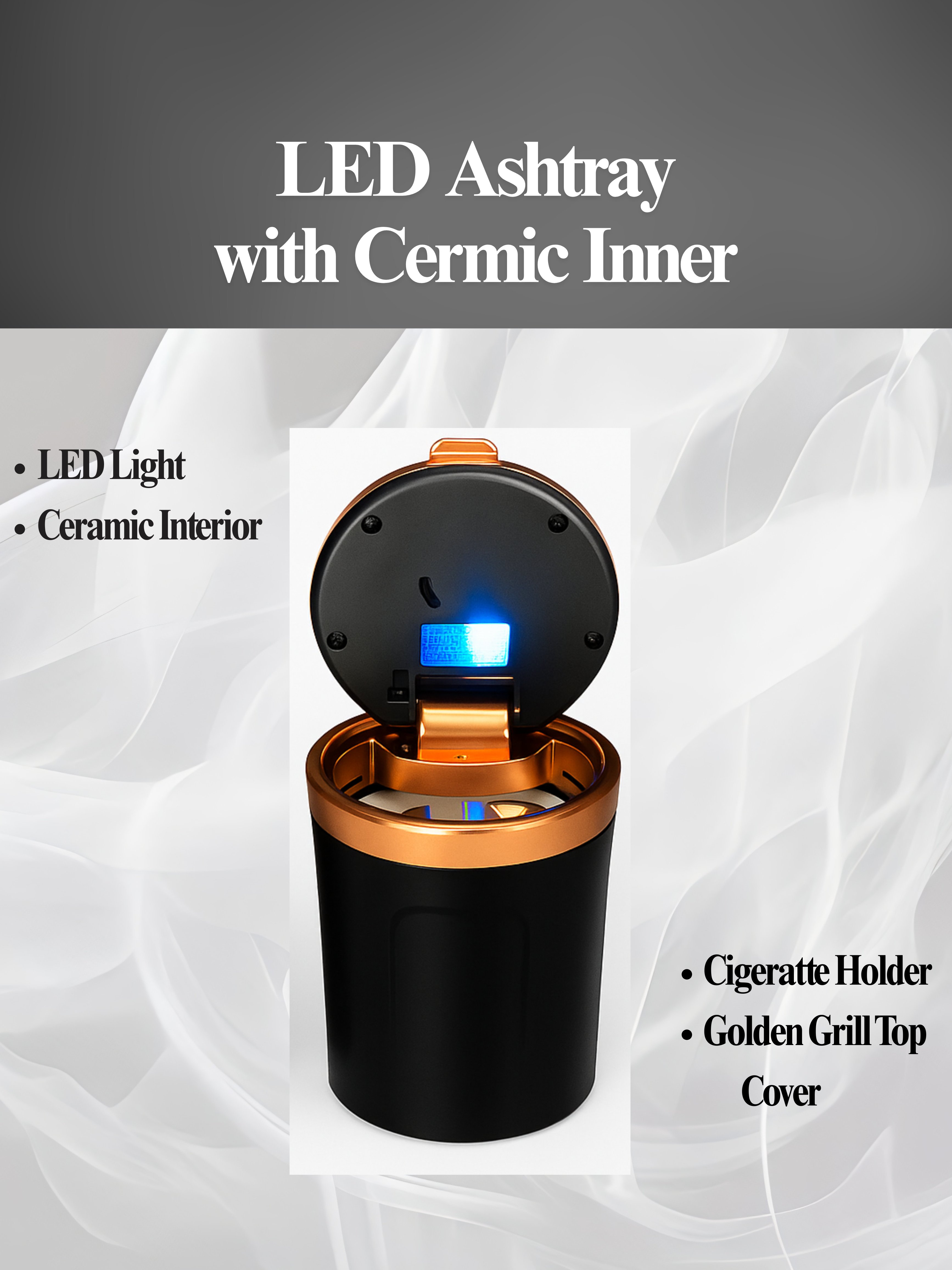 Luxury LED Ash Tray with Ceramic Inner | LED Ashtray for car | Ceramic Ash tray | Car ash trays with ceramic inner
