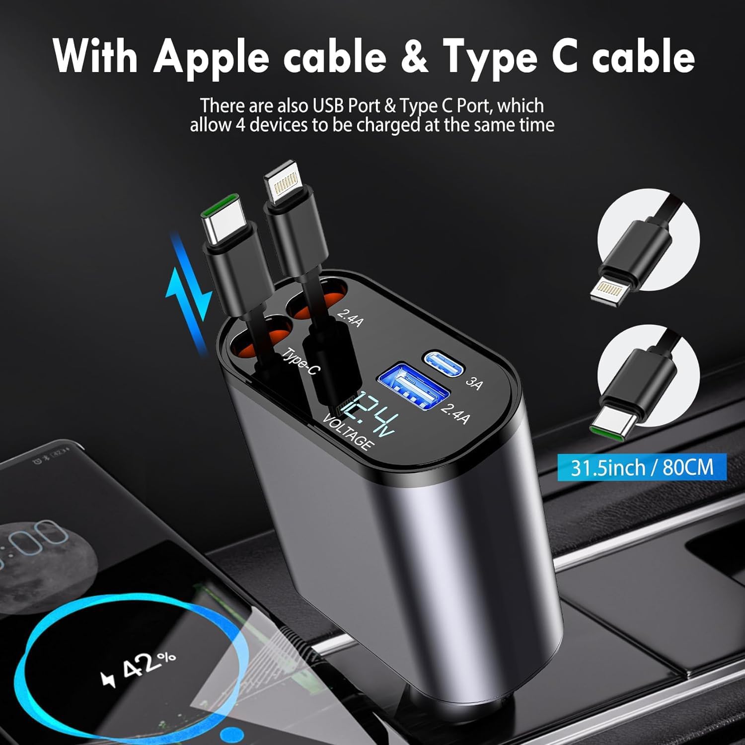 Dual Port Retractable Fast Car Charger – Type-C & Lightning with LED Display (20W Super Fast Charging)