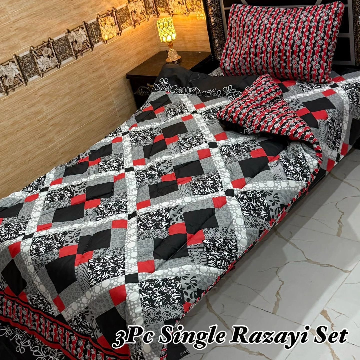 Polyester Filled Single Bed Razai Set with pillow cover and Bedsheet Mixx Cotton | 3 Pcs Winter Razai set for single Bed - Razai set for single bed size | Winter Razai Set
