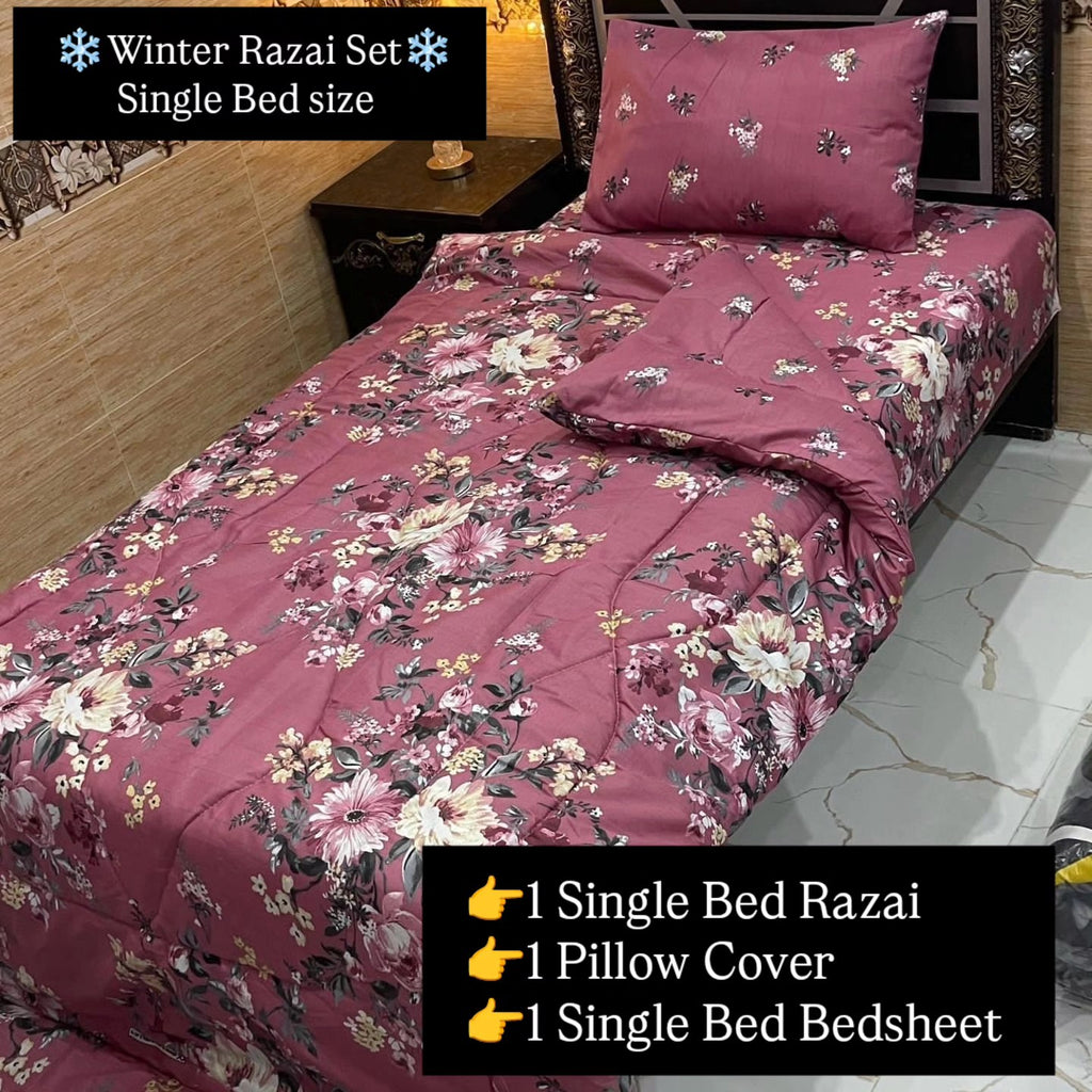 Polyester Filled Single Bed Razai Set with pillow cover and Bedsheet Mixx Cotton | 3 Pcs Winter Razai set for single Bed - Razai set for single bed size | Winter Razai Set