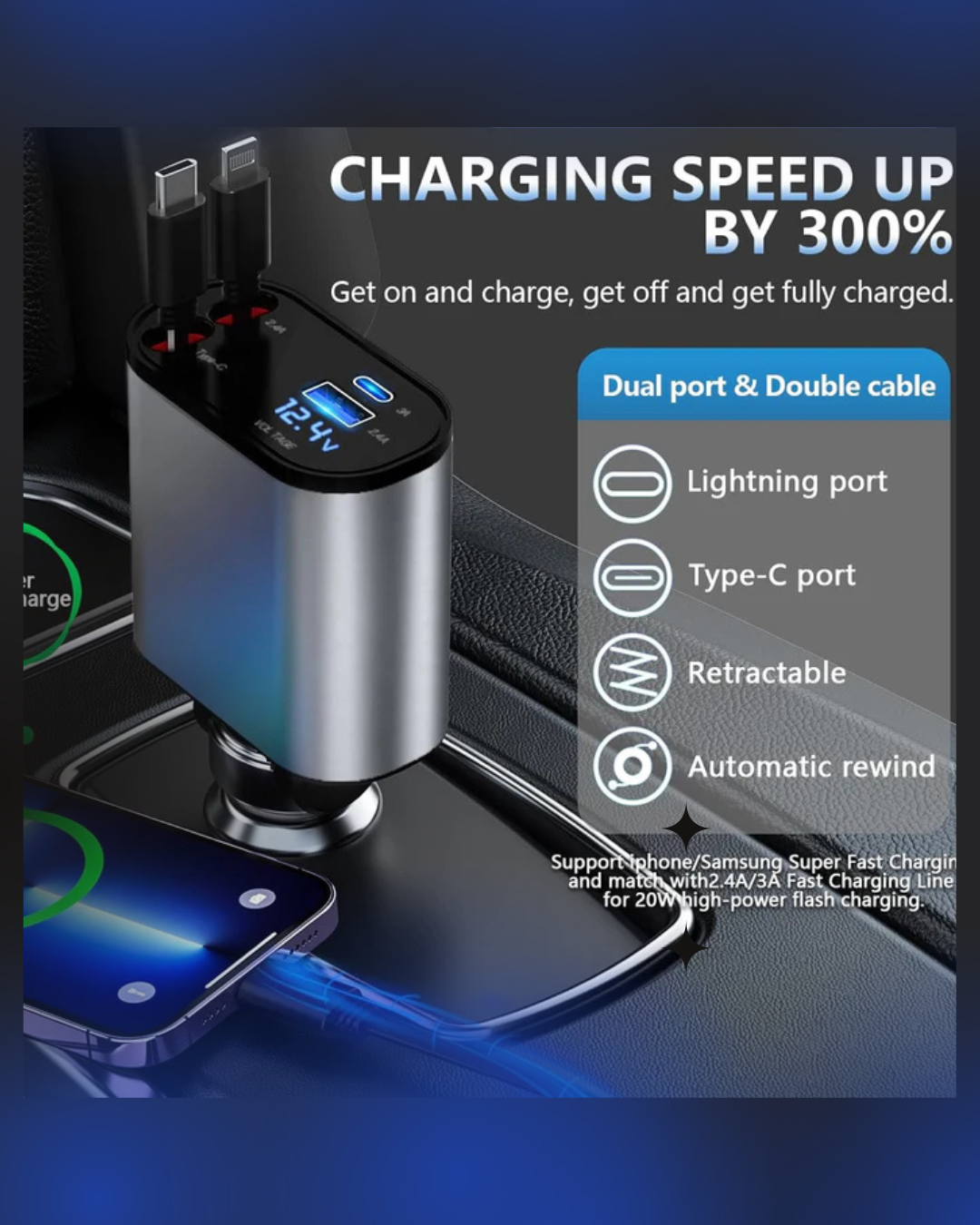 Dual Port Retractable Fast Car Charger – Type-C & Lightning with LED Display (20W Super Fast Charging)