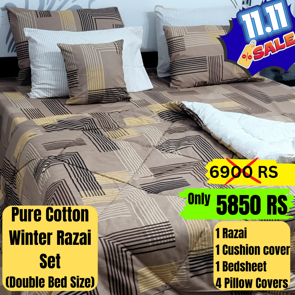 Pure Cotton King Saize Vicky Razai Set  (7 Pcs) | Quilted Razai Set for king size bed | Razai set with cushion cover pillow cover and Bedsheet
