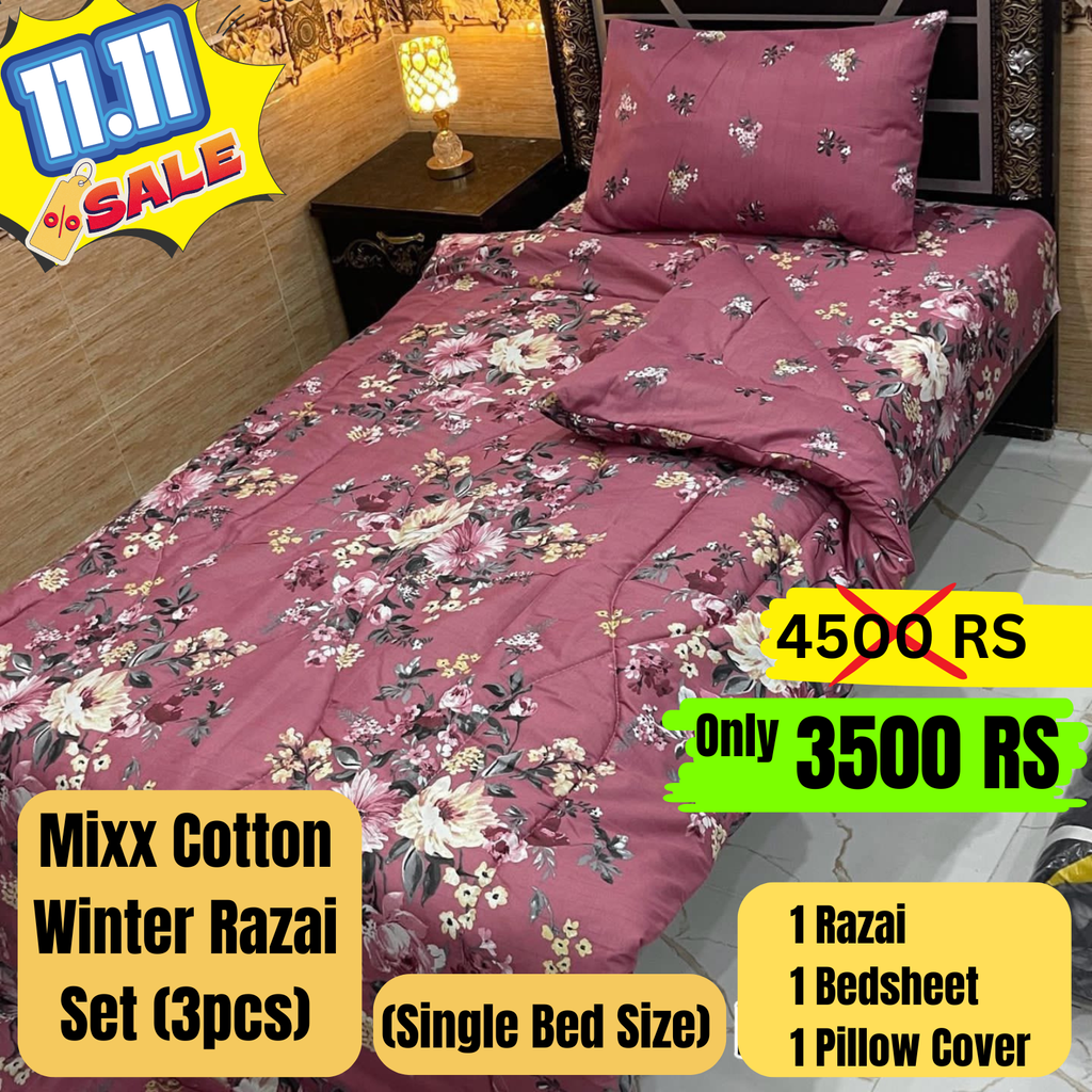 Polyester Filled Single Bed Razai Set with pillow cover and Bedsheet Mixx Cotton | 3 Pcs Winter Razai set for single Bed - Razai set for single bed size | Winter Razai Set