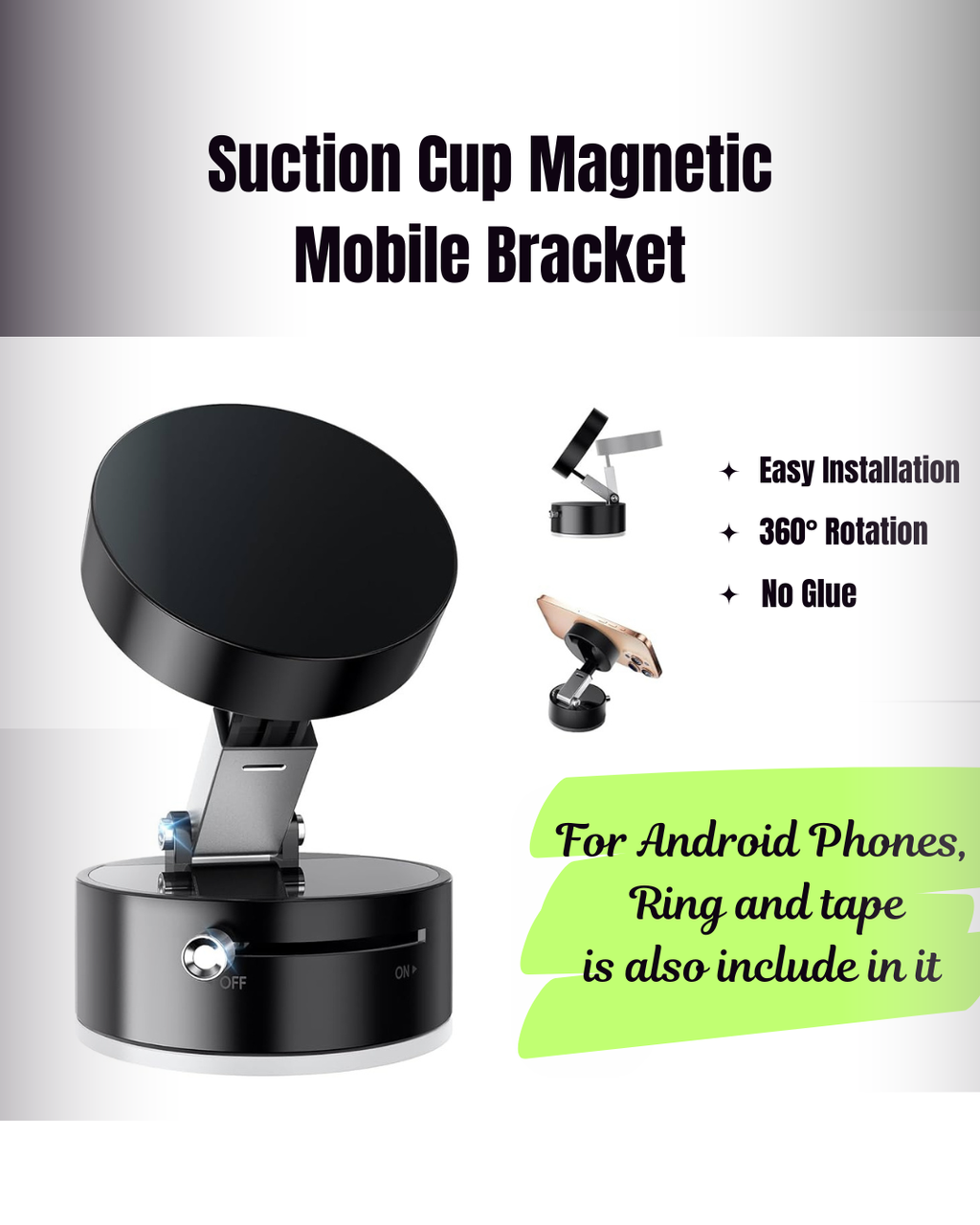 Magnetic Car Phone Holder with Strong Suction Cup | 360° Rotating Dashboard & Windshield Mount | Universal Mobile Holder for All Smartphones