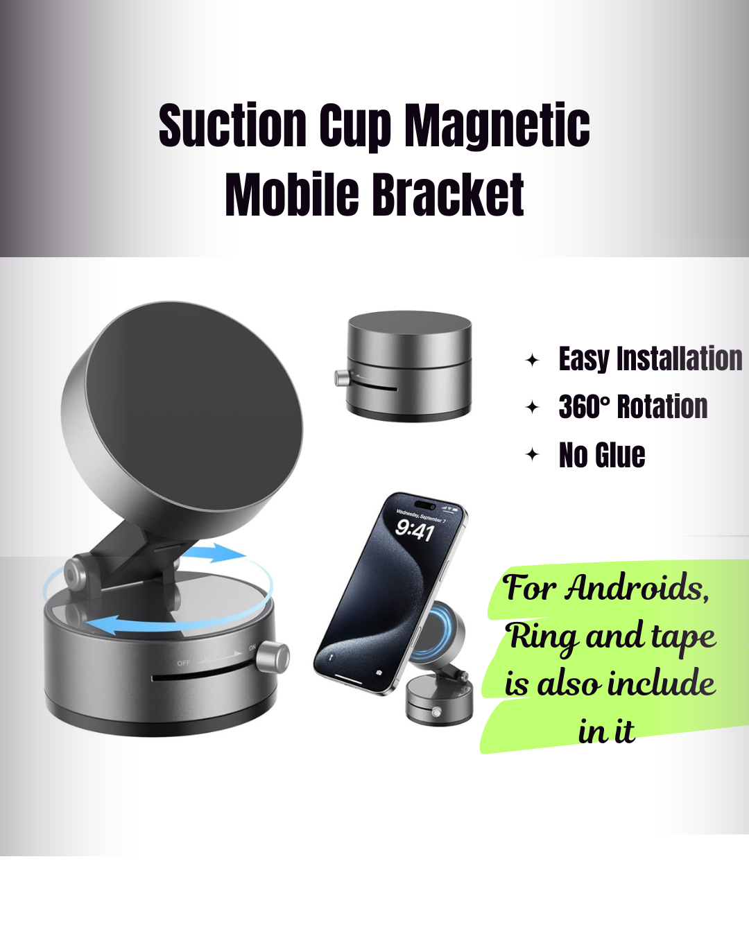 Magnetic Car Phone Holder with Strong Suction Cup | 360° Rotating Dashboard & Windshield Mount | Universal Mobile Holder for All Smartphones