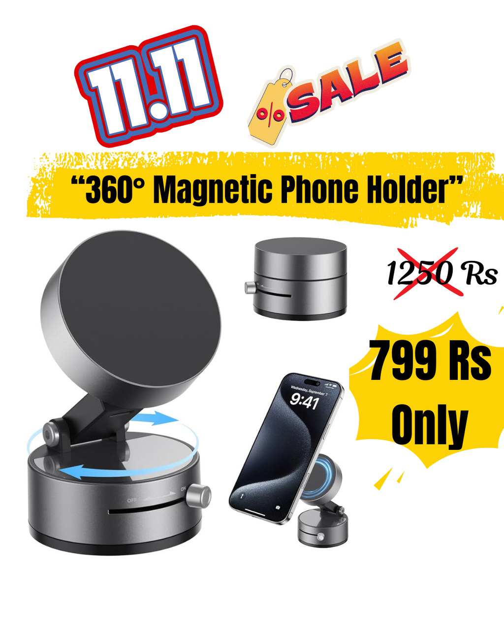 Magnetic Car Phone Holder with Strong Suction Cup | 360° Rotating Dashboard & Windshield Mount | Universal Mobile Holder for All Smartphones
