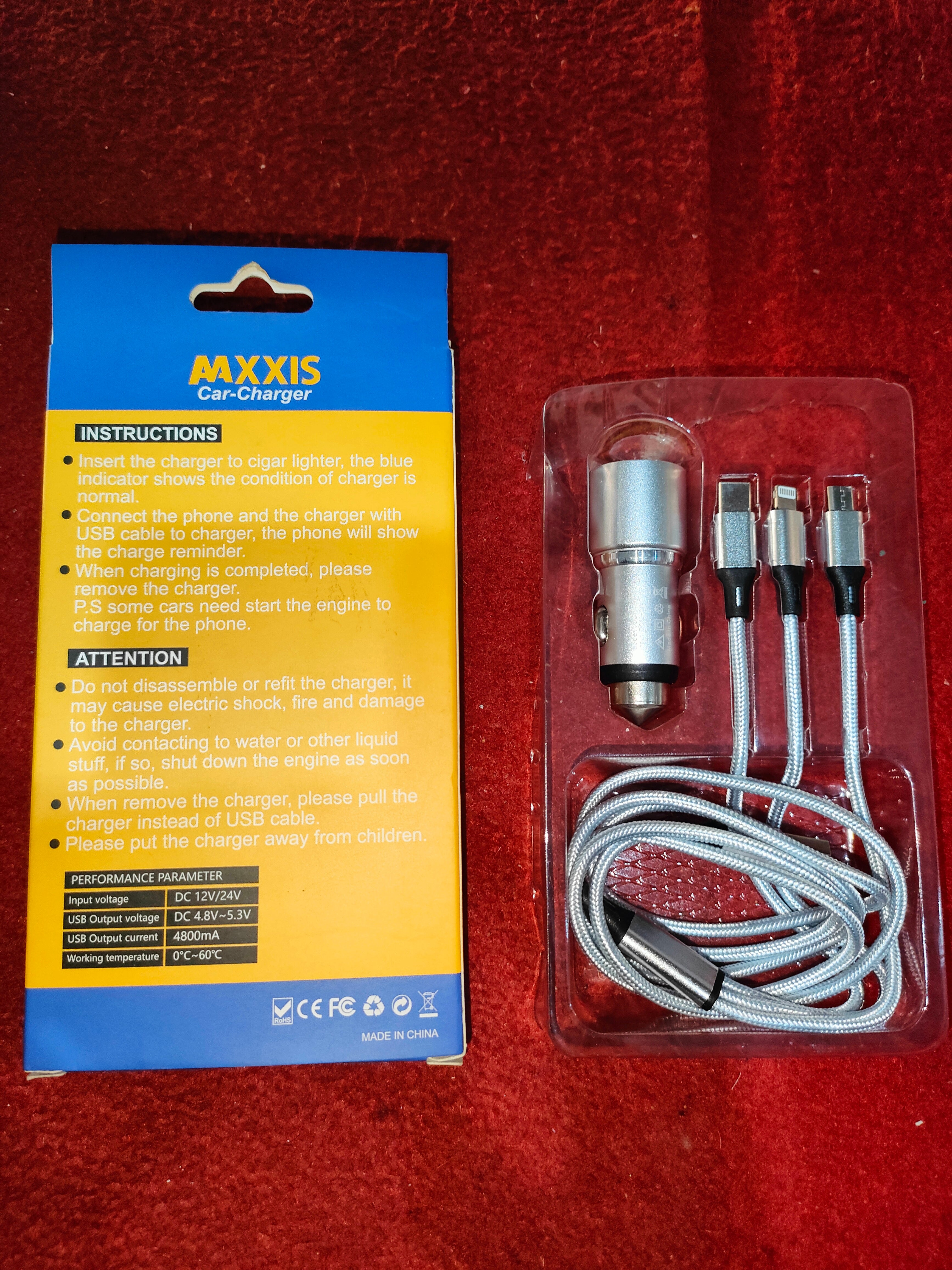 MAXXIS Car Mobile Phone Dual USB Port Charger With 3 in 1 Cable - 4.8A - 12v/24v | Dual ports Car Mobile charge with 3 cables | 3 in 1 cable mobile charger for car | Cigeratte lighter Plugin car charger