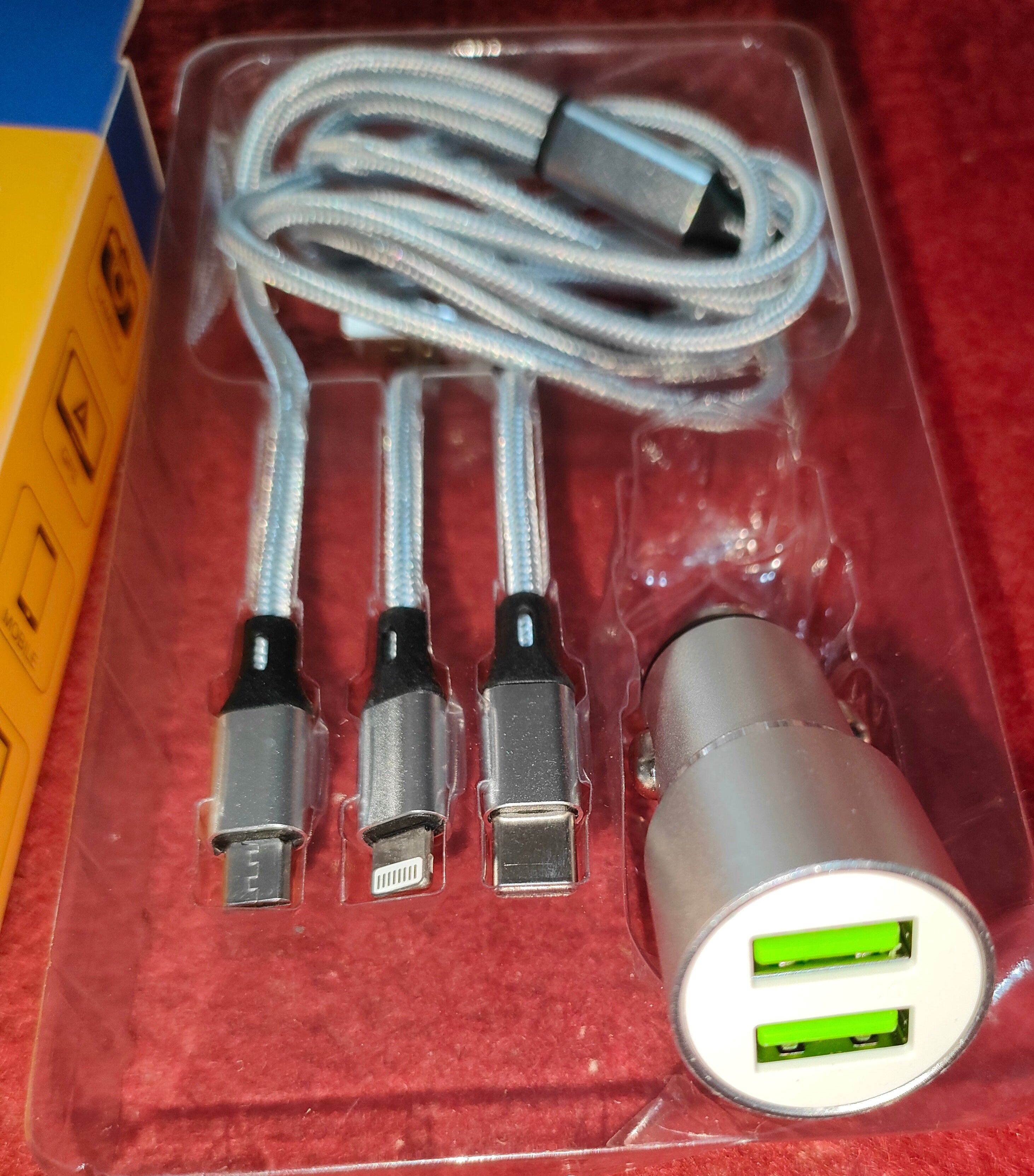 MAXXIS Car Mobile Phone Dual USB Port Charger With 3 in 1 Cable - 4.8A - 12v/24v | Dual ports Car Mobile charge with 3 cables | 3 in 1 cable mobile charger for car | Cigeratte lighter Plugin car charger