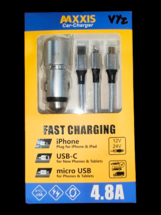 MAXXIS Car Mobile Phone Dual USB Port Charger With 3 in 1 Cable - 4.8A - 12v/24v | Dual ports Car Mobile charge with 3 cables | 3 in 1 cable mobile charger for car | Cigeratte lighter Plugin car charger