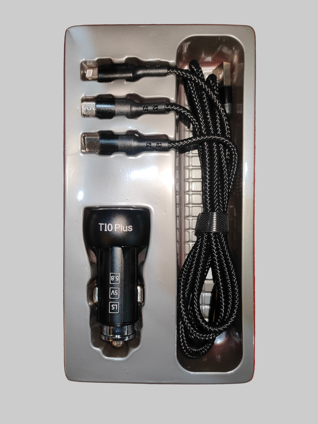 T10 Dual Port Car Mobile Phone Charger 3 in 1 Cables 50 Watt - Car Mobile Charger 5.8 Ampere - Cigeratte lighter Mobile charger 3 cables