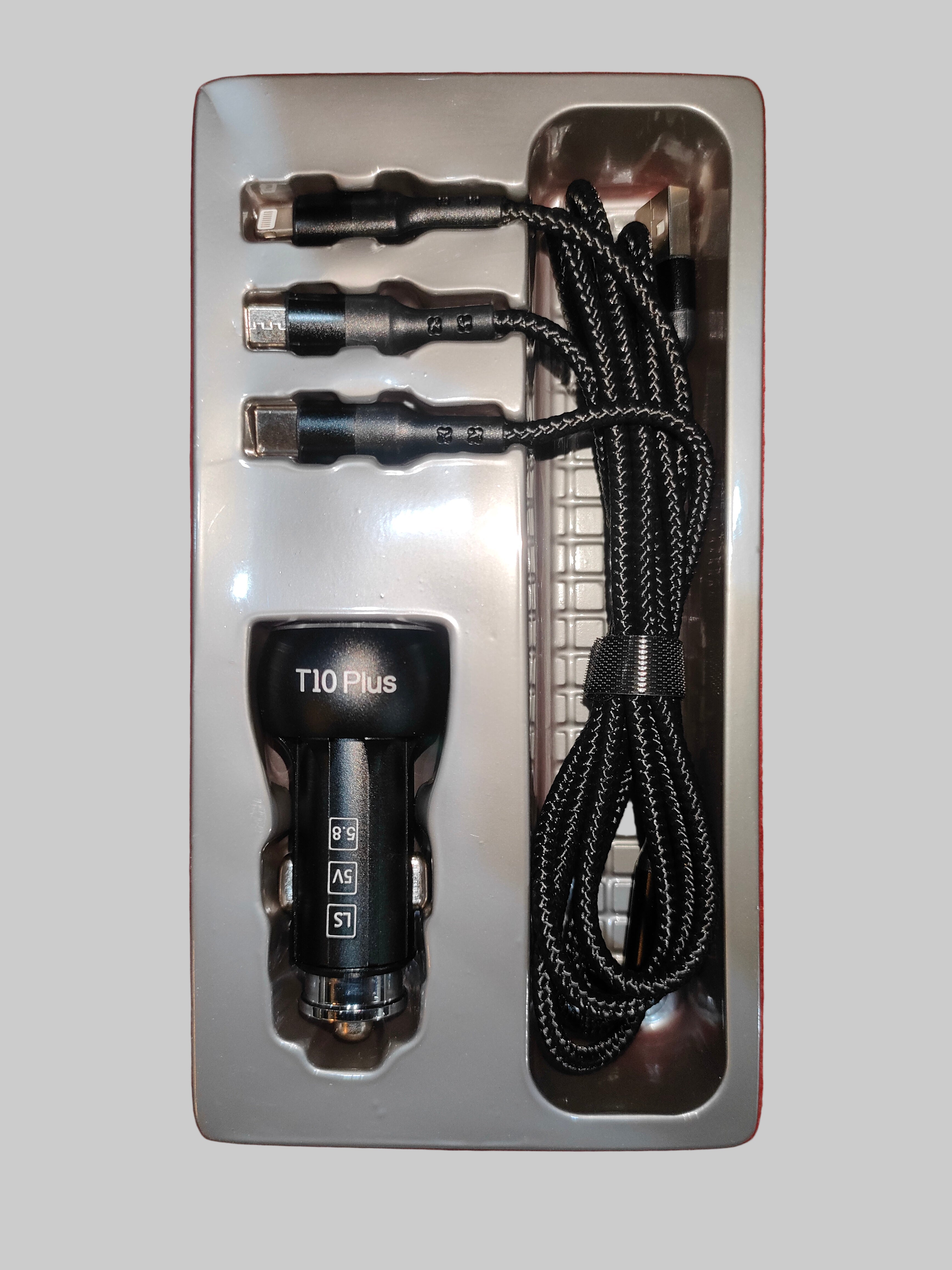 T10 Dual Port Car Mobile Phone Charger 3 in 1 Cables 50 Watt - Car Mobile Charger 5.8 Ampere - Cigeratte lighter Mobile charger 3 cables