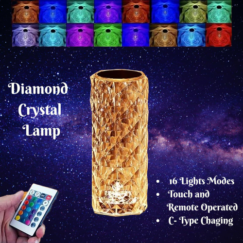 Luxury Crystal Table Lamp | 16-Colors Touch Control Rechargeable Night Light | Bedroom Desk Lamp | Living Room, Kitchen & Dining Room