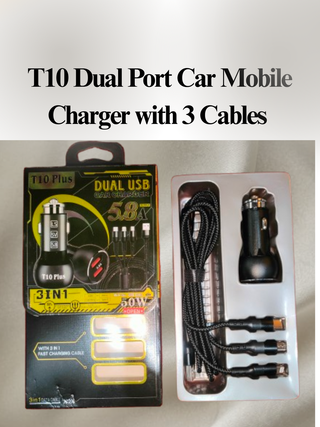 T10 Dual Port Car Mobile Phone Charger 3 in 1 Cables 50 Watt - Car Mobile Charger 5.8 Ampere - Cigeratte lighter Mobile charger 3 cables