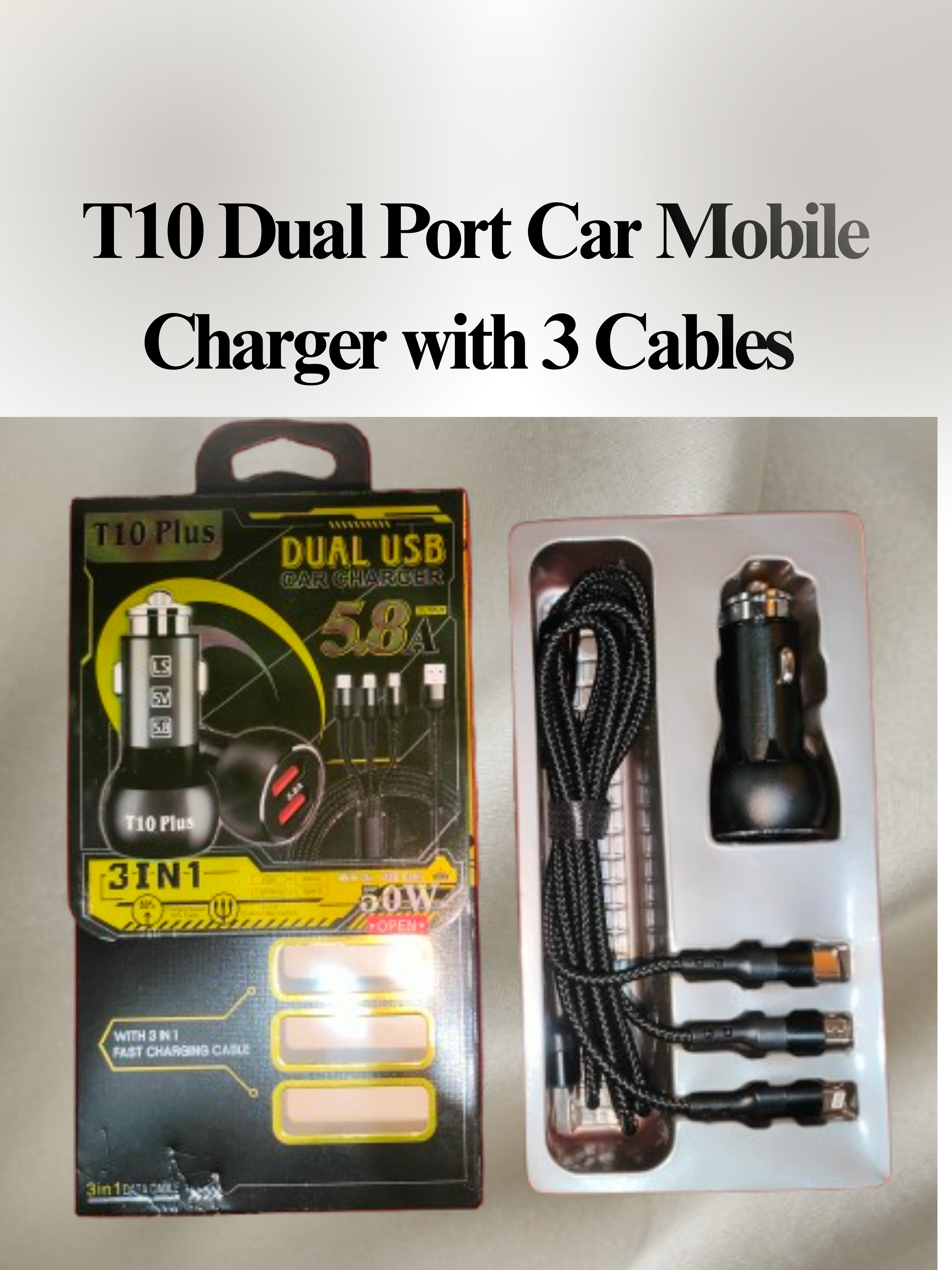 T10 Dual Port Car Mobile Phone Charger 3 in 1 Cables 50 Watt - Car Mobile Charger 5.8 Ampere - Cigeratte lighter Mobile charger 3 cables