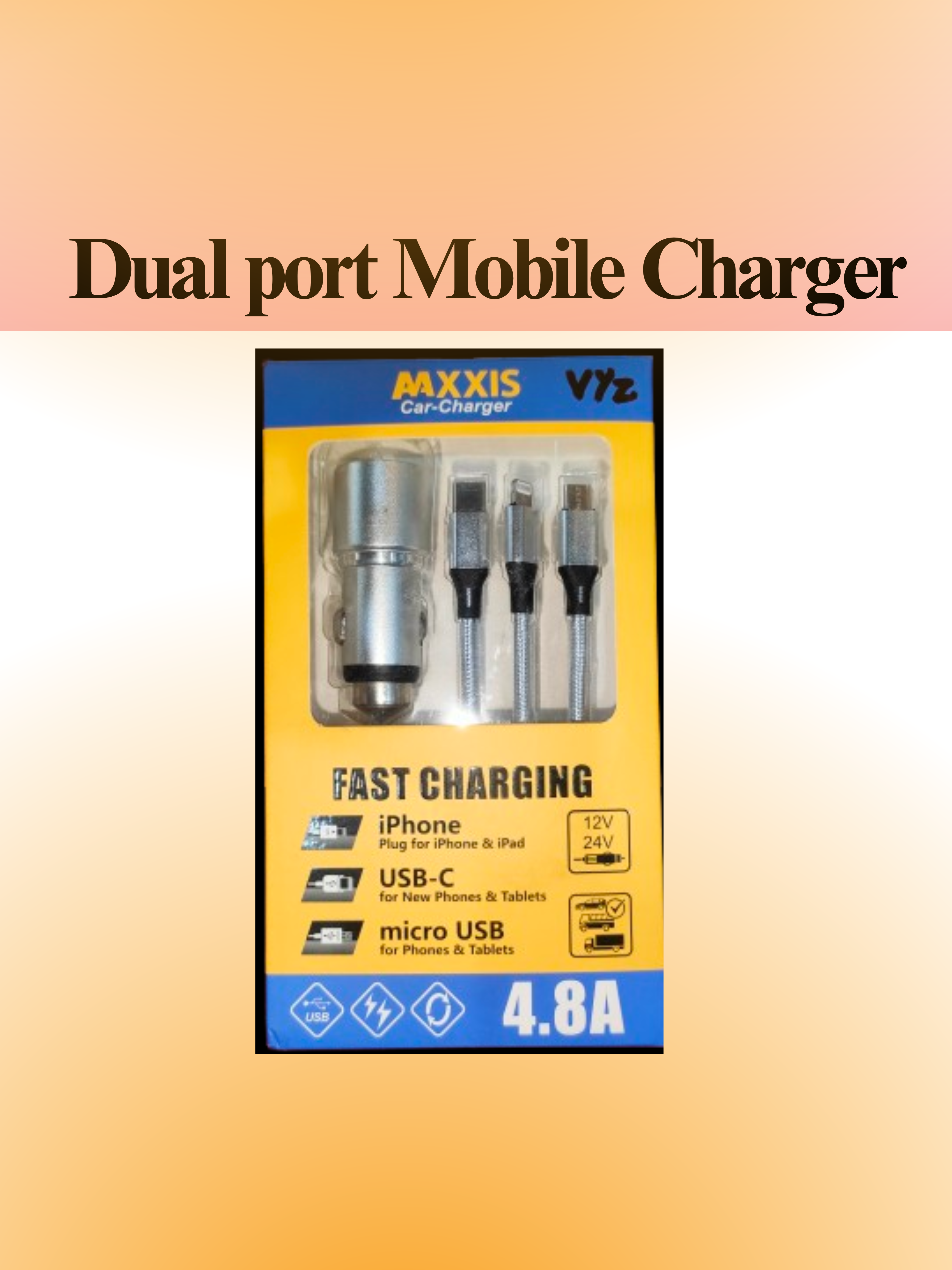 MAXXIS Car Mobile Phone Dual USB Port Charger With 3 in 1 Cable - 4.8A - 12v/24v | Dual ports Car Mobile charge with 3 cables | 3 in 1 cable mobile charger for car | Cigeratte lighter Plugin car charger