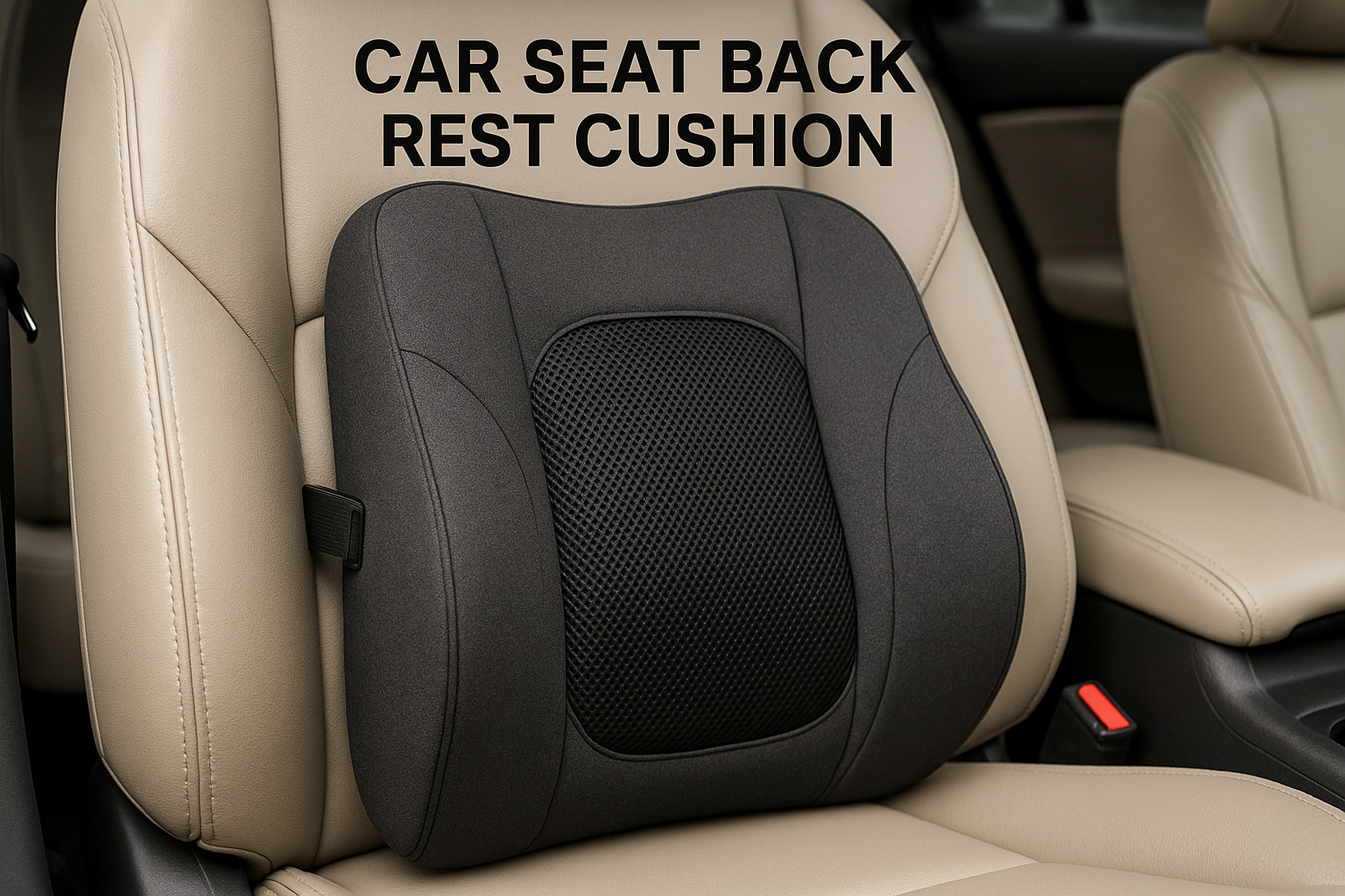 Generate image of back rest cushion for car seats and write tite on oicture top center